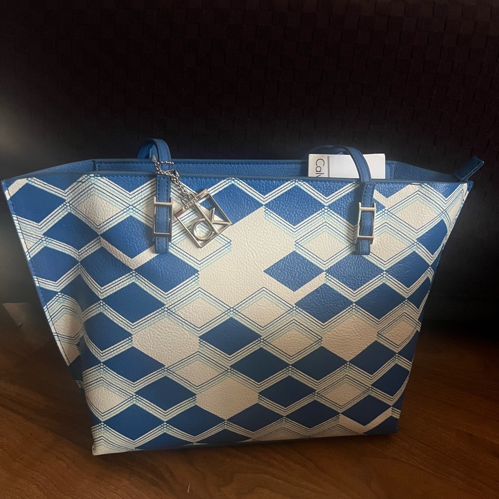 Calvin Klein Geometric Blue and White Tote
